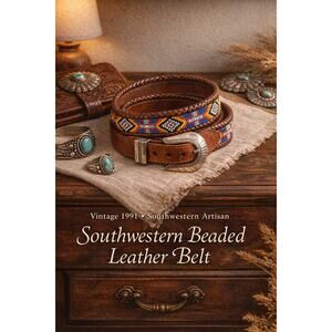 Vintage 1991 Southwestern Beaded Leather Western Belt Sz 32